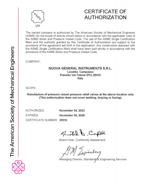 ASME Certifications Nuova General Instruments S R L Piacenza